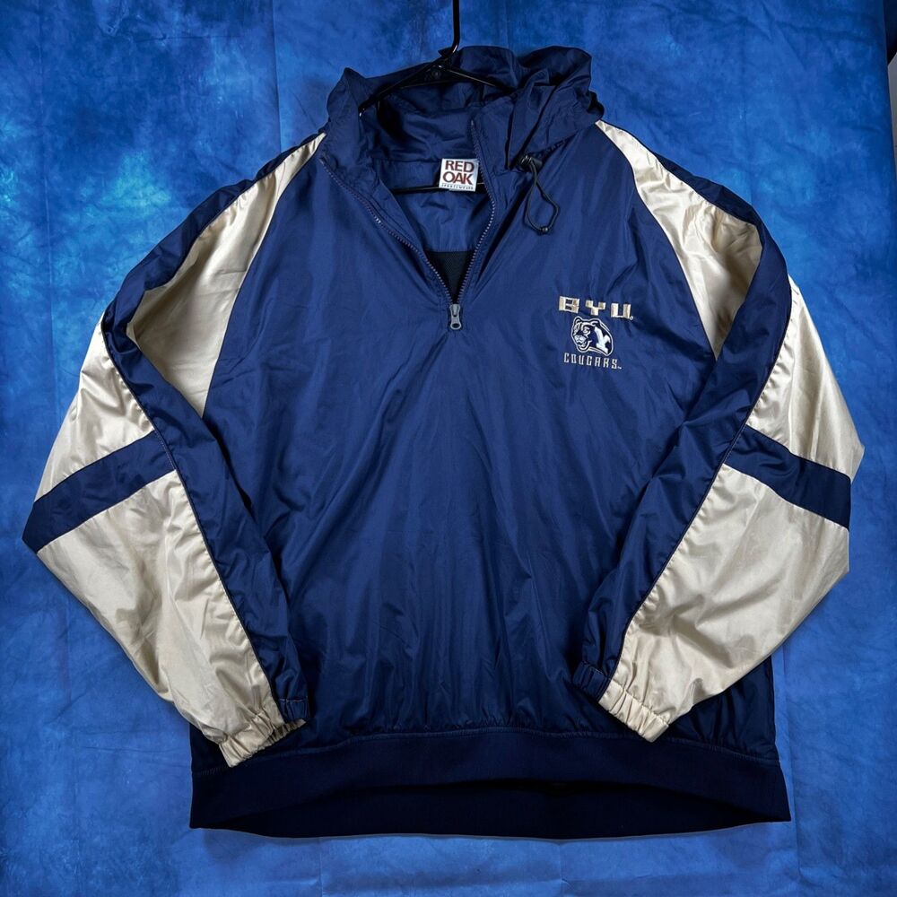 Vtg 90s BYU Cougars Red Oak Sportswear Half Zip Hooded Windbreaker Jacket Blue G